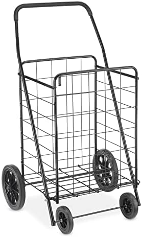 Whitmor Extra Large Utility Foldable Shopping Cart with Wheels, 100 Lb Capacity, Heavy Duty Grocery Cart with Steel Frame, Foam Handle, Rolling Collapsible Utility Trolley for Grocery, Laundry, Black by Whitmor