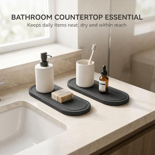 Razborci 2PCS Water Absorbing Stone Drying Tray Mat for Bathroom Sink & Kitchen Counter Faucet Organizer Decor, Quick Dry Dish Soap Dispenser Sponge Holder, Vanity Caddy Coaster,Dark Gray -10"*3.8" - Image 5