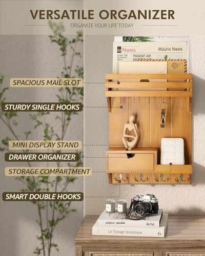Rebee Vision Key Holder Wall Mount with Drawer for Room Decor, Light Brown - Image 4