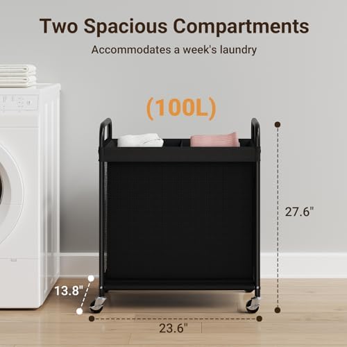 ELYKEN Laundry Hamper 2 Section, 100L Rolling Laundry Sorter with Wheels - Image 3