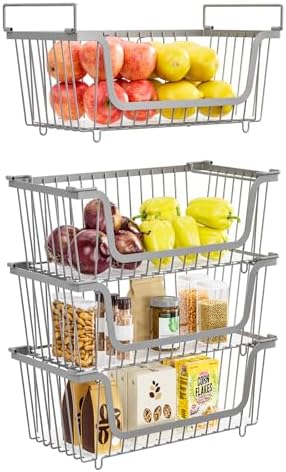 4 Pcs Stackable Wire Baskets for Pantry Organizers and Storage, Gray by XILIDIA