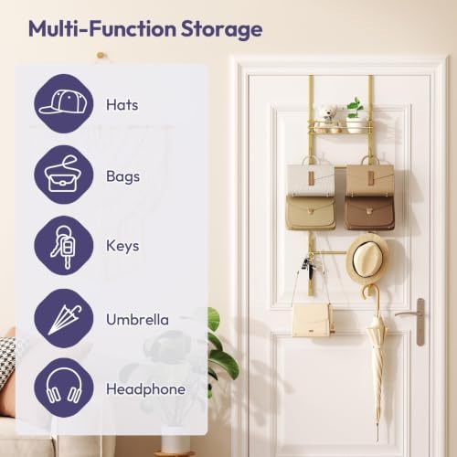 SWTYMIKI Over the Door Purse Organizer - Wall Mounted Handbag Organizer with 10 Hooks and Metal Basket, Hanging Purse Storage Rack Holds up to 10 Bags, Bag Rack Can Use As 1/2 Part, for Door, Closet - Image 2