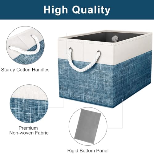 Fab totes Storage Bins 3-Pack, Foldable Storage Baskets for Organizing Toys, Books, Shelves, Closet, Large Storage Box with Rope Handles, Sturdy Organizer Bins, White & Blue - Image 2