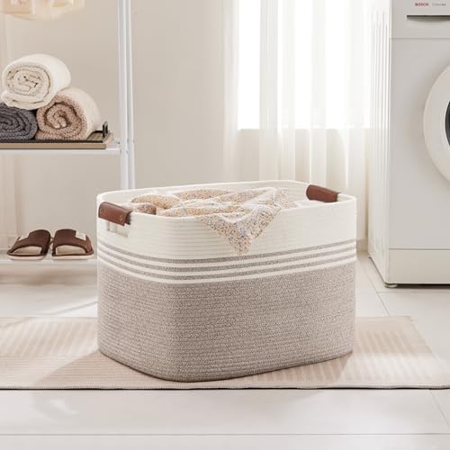100L Large Woven Laundry Basket Hamper with Leather Handles,Brown​ - Image 3