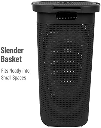 Mind Reader 60L Slim Laundry Hamper, Clothes Basket, Lid, Wicker Design, Plastic, 17.65"L x 13.75"W x 24.15"H, Black - Image 6