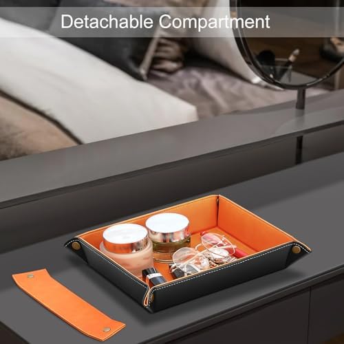 SITHON Valet Tray Desktop Storage Organizer, Removable 2 Compartments Catchall Tray Bedside Vanity Nightstand Caddy Holder Desk Storage Plate, Orange - Image 6