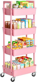 Pipishell 4 Tier Rolling Cart Organizer, Plastic Rolling Cart with Lockable Wheels & Reinforced Handle, Lightweight Utility Storage Cart for Nursery, Kitchen, Craft Room, Pink by Pipishell