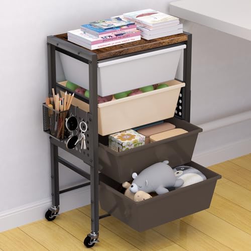 Rolling Cart with Drawers, Rolling Storage Cart with Large Plastic Drawers & Wooden Tabletop, Utility Cart with Pegboards & Basket, Storage Drawers Cart for Living Room, Classroom, Bedroom, Office by Unknown