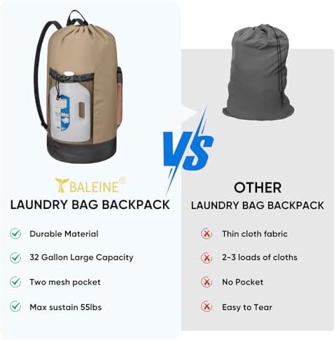 BALEINE 120L Laundry Bag Backpack, 900D Oxford Fabric Large Travel Laundry Bags with Shoulder Straps and 2 Mesh Pockets for College Dorm, Apartment, Laundromat (Khaki, 120L) - Image 5