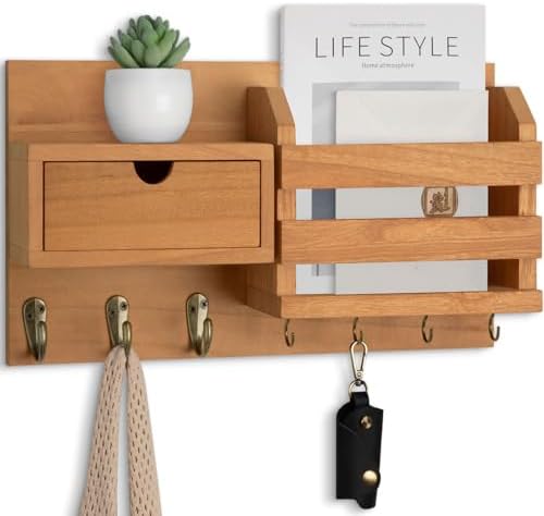Lwenki Wall Mount Key Holder with Mail Organizer, 100% Paulownia Wood, 7 Metal Hooks, Storage Drawer, Entryway Home Decor by Lwenki