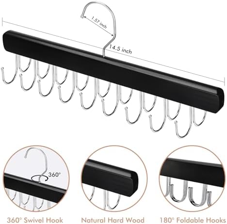 NECAMOCU 2 Pack Bra Hanger for Closet Organizer, Premium Tank Top Hangers | Black Wooden Bra Holder with 36 Foldable Hooks, 360° Rotating Design, Space Saving Storage for Tank Tops, Bras, Belts - Image 2