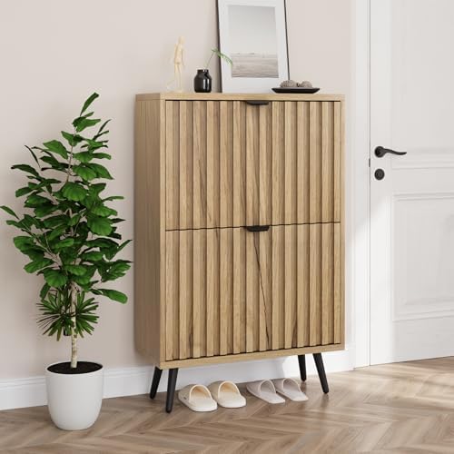 Smuxee Shoe Cabinet with 2 Flip Drawers, 23.6" Natural Hidden Shoe Storage Cabinet with Fluted Design, Freestanding Shoe Organizer Cabinet for Entryway, Hallway, Closet, Living Room by Smuxee