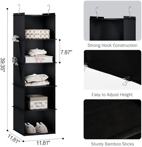 YOUDENOVA Hanging Closet Organizer and Storage for Clothes, 5-Shelf, Black | Locker/RV/Camper Organizer, 2 Side Pockets, Hanging Shelves for Small Closet, Dorm Room Essentials for Guys, Non-woven Fabric - Image 3