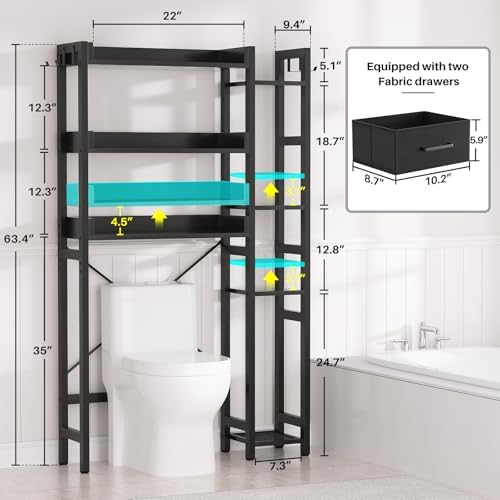 Besiost Over The Toilet Storage, 7 Tier Bathroom Organizer with Reversible Side Shelf and 2 Fabric Drawers, Adjustable Freestanding Rack Space Saver for Small Spaces, Black - Image 3