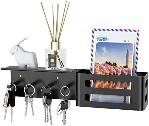 MKO Key Holder Wall Mount, Adhesive Key Hanger with 4 Hooks for Wall, Black by MKO