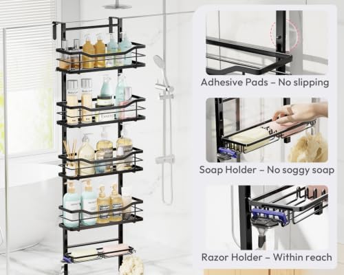 SWTYMIKI Over the Door Shower Caddy - 5 Tier Adjustable Shower Organizer Hanging with Soap Holder, No Drilling Stainless Steel Bathroom Rack Hanging for Body Wash, Shampoo, Soap, Razor, Black - Image 6