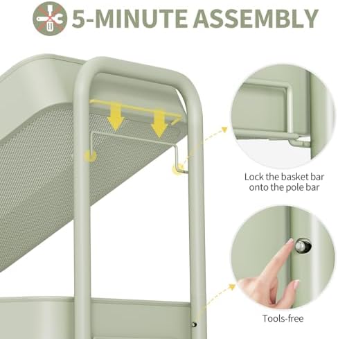 TOOLF 3 Tier Rolling Cart, Metal Utility Storage Cart with Pegboard, Green | 2 Bins & 4 Hooks, Screwless Assembly, Lockable Wheels, Trolley Organizer for Bathroom, Kitchen, Office, Dorm, Craft Room - Image 4