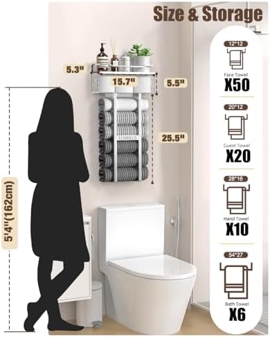 Aetyord Towel Racks for Bathroom - Wall Mounted Metal Rack with Wood Plank, Bathroom Storage Organizer, Towel Holder Stores 6 Large Rolled Towels Easily, Silver with White Plank - Image 6