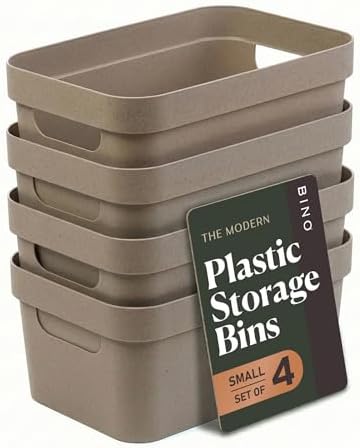 BINO | Plastic Storage Bins, 4 Liter - 4 Pack, Taupe | THE MODERN COLLECTION | Plastic Bins for Organization | Woven Storage Baskets for Organizing | Pantry Shelf Organizer Basket Container Bin by BINO