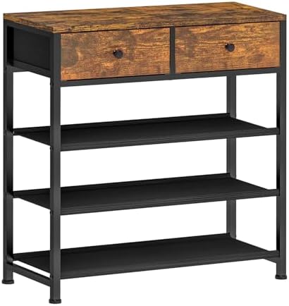 usikey Shoe Rack, 4 Tier Shoe Storage Organizer with 2 Drawers, Metal Shoe Shelf for 9-12 Pairs of Shoes, with 3 Oxford Fabric Shelves and Wooden Top, Shoe Stand for Entryway, Closet, Rustic Brown by USIKEY