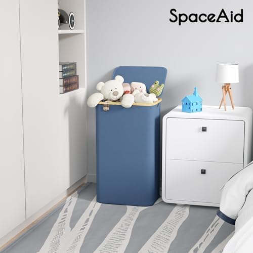 SpaceAid Laundry Hamper with Lid, 110L Large Tall Clothes Basket Bin with Bamboo Handles, Collapsible Laundry Hamper for Bedroom, Bathroom, Dorm, Laundry Room - Blue - Image 3