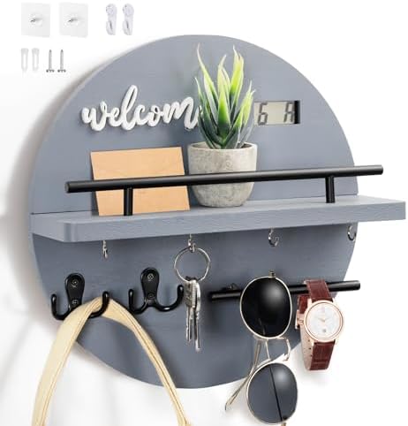 Key Holder for Wall, Key and Mail Holder Organizer with - Key Holder Wall Mount - Round Wooden Rustic Home Decor for Entryway, Mudroom, Hallway, Kitchen Office (Gray) by LEIRUOTM