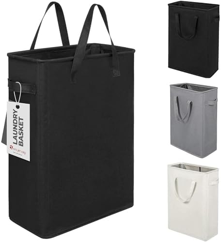 Slim Laundry Hamper With Handles Collapsible Laundry Basket Thin Dirty Clothes Basket Narrow Laundry Bag Foldable Dirty Clothes Hamper 45L (21 inches,Black) by ZeroJetLag