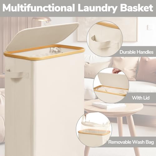 Goodpick 75L Slim Rolling Laundry Basket with Wheels and Lid, Beige - Image 5