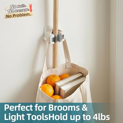 TAILI Mop and Broom Holder Wall Mount Grippers, 3 Hangers and 8 Adhesive Strips, Damage Free Hanging Wall Mount, Household Cleaning Organizer for Organization and Storage, Holds up to 4 lbs, Grey - Image 6