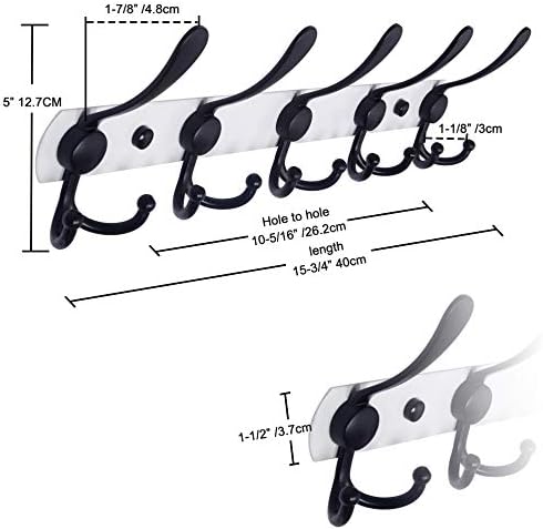 Dseap Wall Mounted Coat Rack - 5 Tri Hooks, Heavy Duty, Stainless Steel, Metal Coat Hook Rail for Coat Hat Towel Purse Robes Mudroom Bathroom Entryway (White & Black, 2 Packs) - Image 2