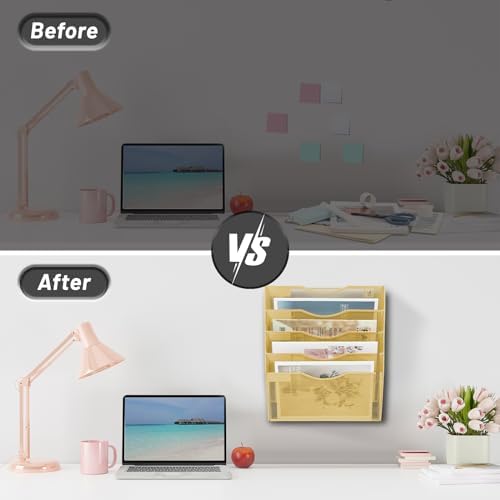 EASEPRES 5 Pocket Mesh Hanging Wall File Organizer, Wall Mounted Mail Paper Document Folder Holder, Clipboard Storage Organization Magazine Rack with Nametag Label for Office Home School, Gold - Image 2