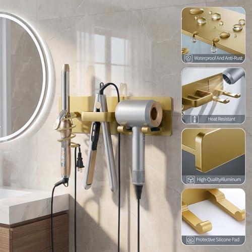 Hair Dryer Holder Hair Tool Organizer Metal Wall Mount (Gold) - Image 4