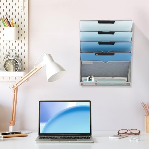 EASEPRES 6 Tier Mesh Hanging Wall File Organizer, Desk Vertical Mail Paper Document Folder Holder Rack with Bottom Tray and Nametag Label for Office Home School, Gray - Image 6