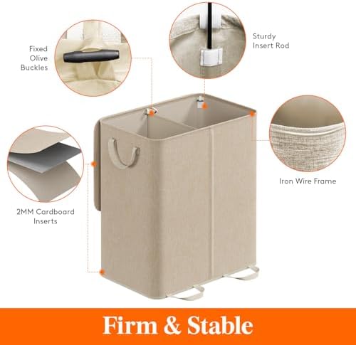 Lifewit Double Laundry Hamper with Lid, Removable Laundry Bags, Beige - Image 2