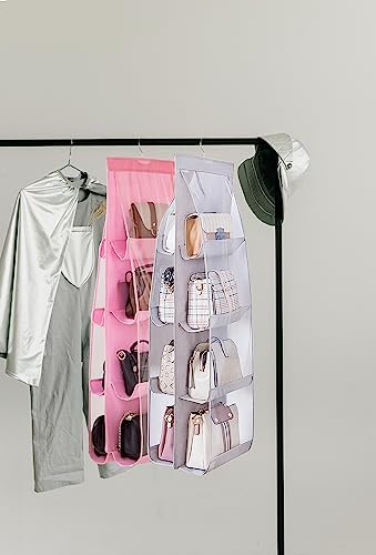 AARAINBOW 2 Packs Hanging Handbag Purse Organizer, Hanging Hand Bag Organizer Wardrobe Closet Purse Holder, 8 Pockets, 43.3L x 14.1W (B Gray Light Pink) - Image 2