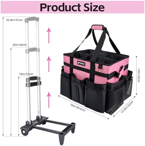 Large Rolling Cleaning Caddy Bag with Wheels, with Detachable Trolley, Cleaning Bags on Wheels for Housekeepers, Cleaning Cart Supplies Organizer for Home, Car, Picnic (Pink) - Image 4