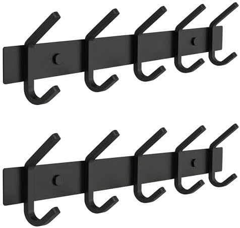 Coat Rack Wall Mount – 15 Inch Stainless Steel Hook Rail with 5 Double Coat Hooks for Hanging – Wall Mounted Entryway Organizer for Coats, Hats, Bags, Towels, Robes, Closet or Bathroom - Black 2 Pack by SAYONEYES