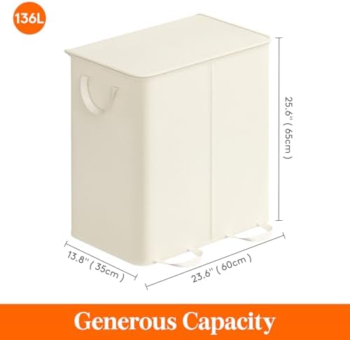 Lifewit Double Laundry Hamper with Lid, Removable Laundry Bags, Ivory White - Image 5