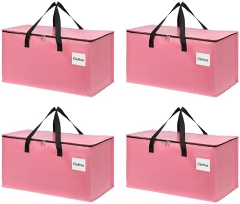 4 Pack Extra Large Heavy Duty Moving Bags with Reinforced Zipper & Wide Carry Handles, Stylish Pink Storage Totes for Clothes Packing, Dorm Moves & Apartment Organization, Pink by YeueysMovingEasy
