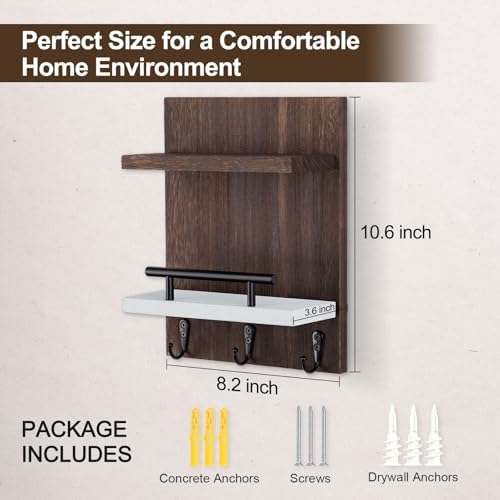 Key Holder Wall Mount, Key Holder With 2 Display Shelf, 3 Hooks for Key, Coat, Dog Leash, Key Hanger with Hook for Mail, Potted Plant, Farmhouse Mail Holder, Entry Way Organizer (Brown & White) - Image 3