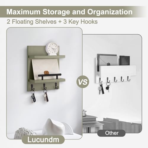Key Holder Wall Mount, Mail Shelf Decor with 3 Key Hooks, Versatile Wood Wall Organizer for Entryway Hallway (8.2” x 10.6”x 3.6”) (Sage Green) - Image 4