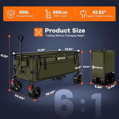 Originsure 300L Beach Wagons Carts Foldable with Big Wheels, 560lbs, Green - Image 2