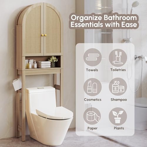 HMstone Over The Toilet Storage Cabinet, Arched Bathroom Organizer and Storage with Rattan Doors and Adjustable Shelf, Space-Saving Freestanding Bathroom Modern Storage Cabinet Over Toilet (Natural) - Image 4