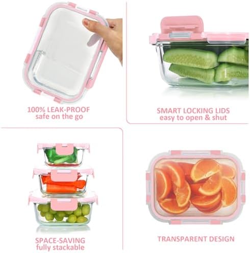 KOMUEE 24 Pieces Glass Food Storage Containers Set, Pink - Image 4