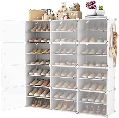 Portable Shoe Rack Organizer with Door, 48 Pairs Shoe Storage Cabinet Easy Assembly, Plastic Adjustable Shoes Organizer Stackable Detachable Free Standing Shoes Rack White by WEXCISEforTidyingHouse