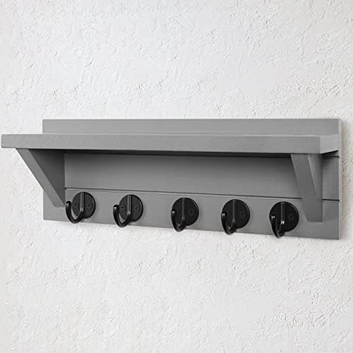 Lwenki Wall Key Holder with Shelf, Rustic Shelf with Hooks Made of Paulownia Wood Holds Keys, Dog Leash, Bags and More - 13.7" W x 4.7" H x 3.5" D Decorative Key Hanger and Entryway Shelf (Gray) - Image 2