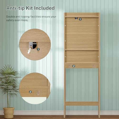 TEENFON Over The Toilet Storage Cabinet with 4 Open Shelves and Adjustable Shelf, Extra Tall Bathroom Organizer Unit with 2 Wood Doors, Home Space Saver for Bathroom, Laundry Room, Natural - Image 7
