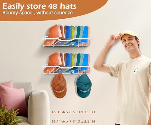 KEETDY Metal Hat Racks for Baseball Caps Wall Hat Organizer Fit 20 Caps Holder, 2 Packs Sturdy Wall Mounted Hat Storage Organizer, White - Image 3