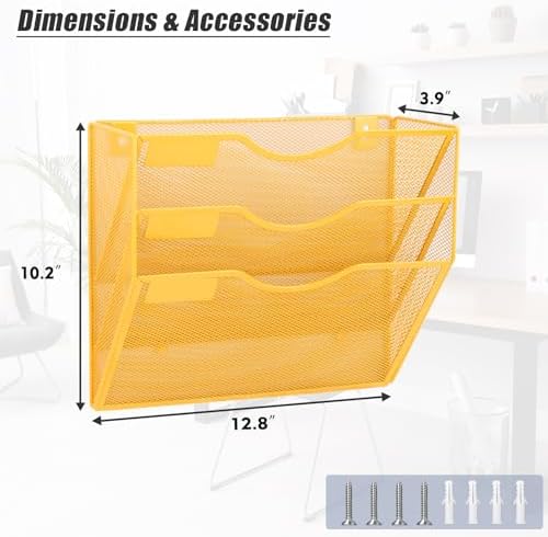 EASEPRES 3 Pocket Mesh Hanging Wall File Organizer, Wall Mounted Mail Paper Document Folder Holder, Clipboard Storage Organization Magazine Rack with Nametag Label for Office Home School, Yellow - Image 2