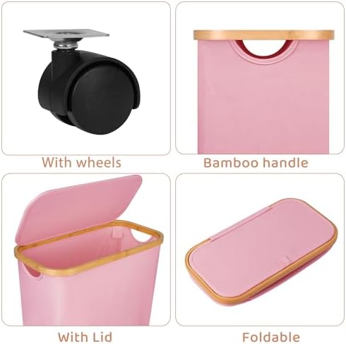 Slim Laundry Basket with Wheels,Narrow Hampers for Laundry,Freestanding Laundry Hamper with Lid&Bamboo Handles,Collapsible & Waterproof Tall Cloth Hamper for Dorm Family(60L Pink) - Image 2